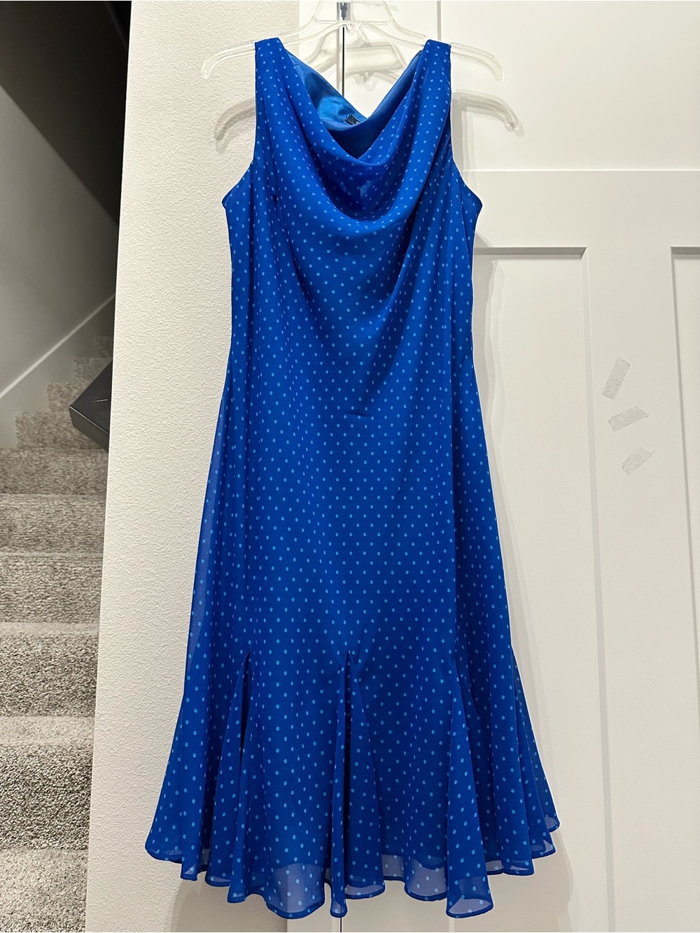 CHAPS Women’s Cowl Neck Royal Blue Polka Dot Dress crepe chiffon over undergarme